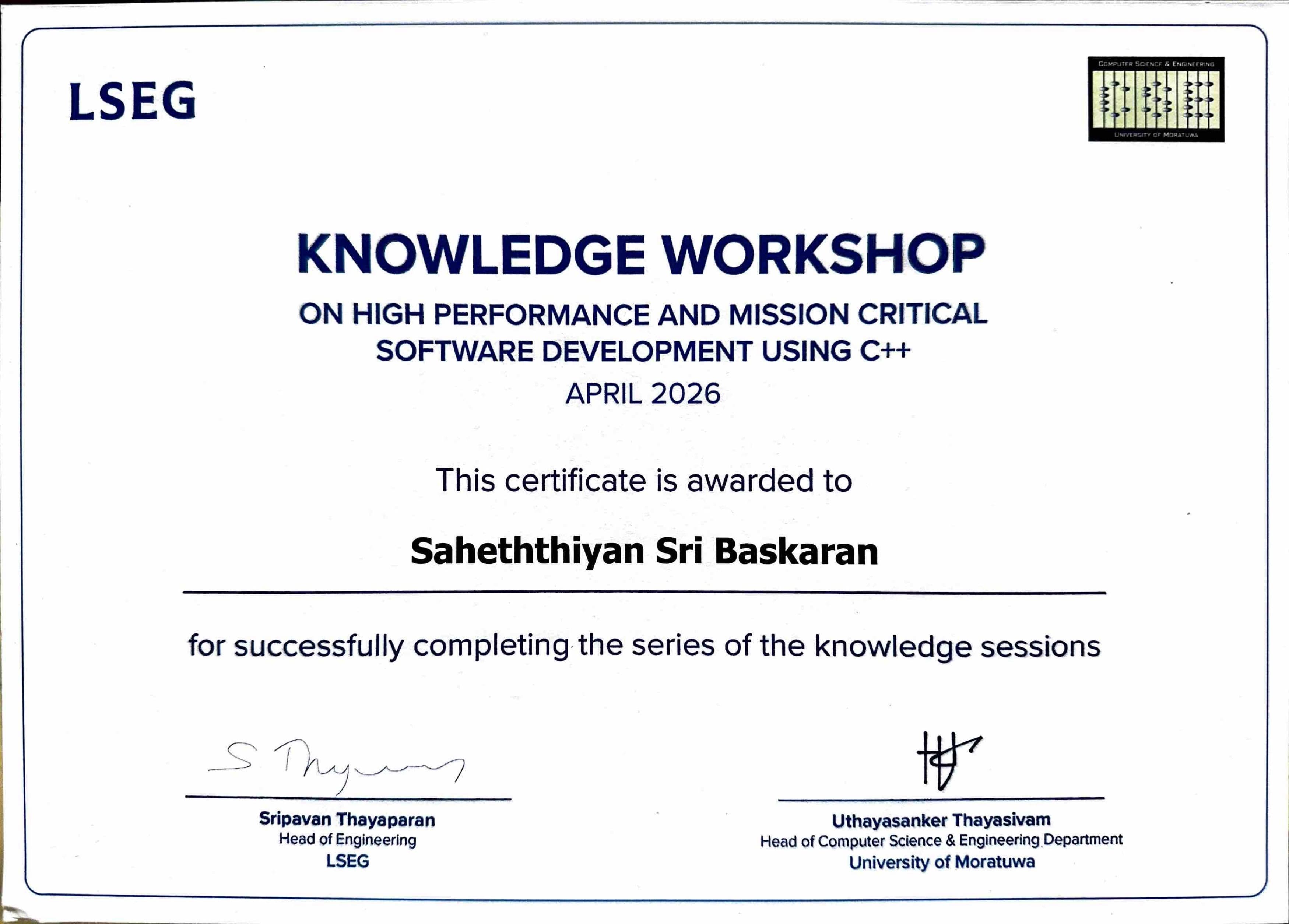 Knowledge Workshop: High Performance and Mission Critical Software Development Using C++